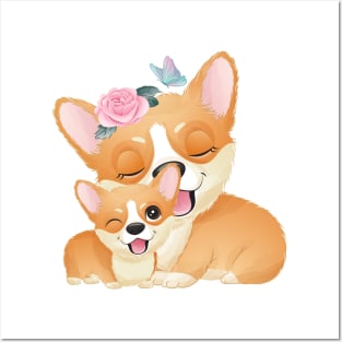 Cute little corgi mother and baby tshirt Posters and Art